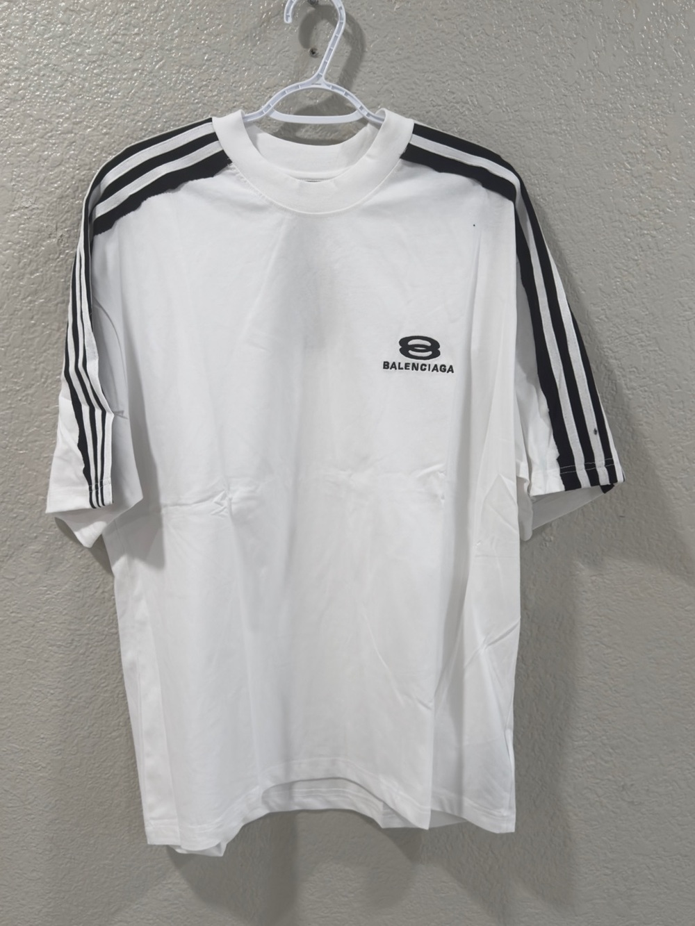 Balenciaga White Short-Sleeve Tee with Black Shoulder Stripes like XL